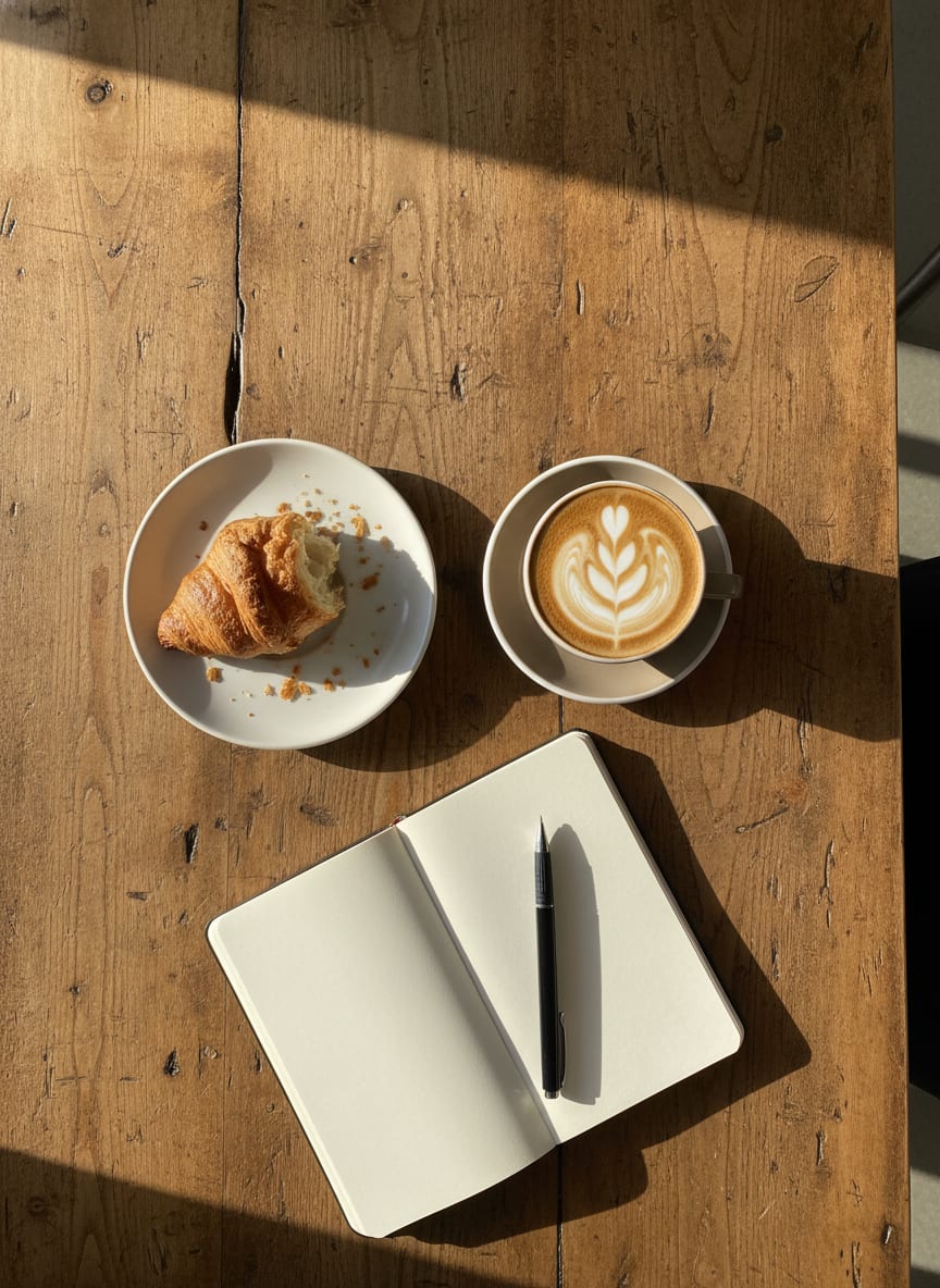 Overhead photo of a cappuccino and notebook on a cafe table.