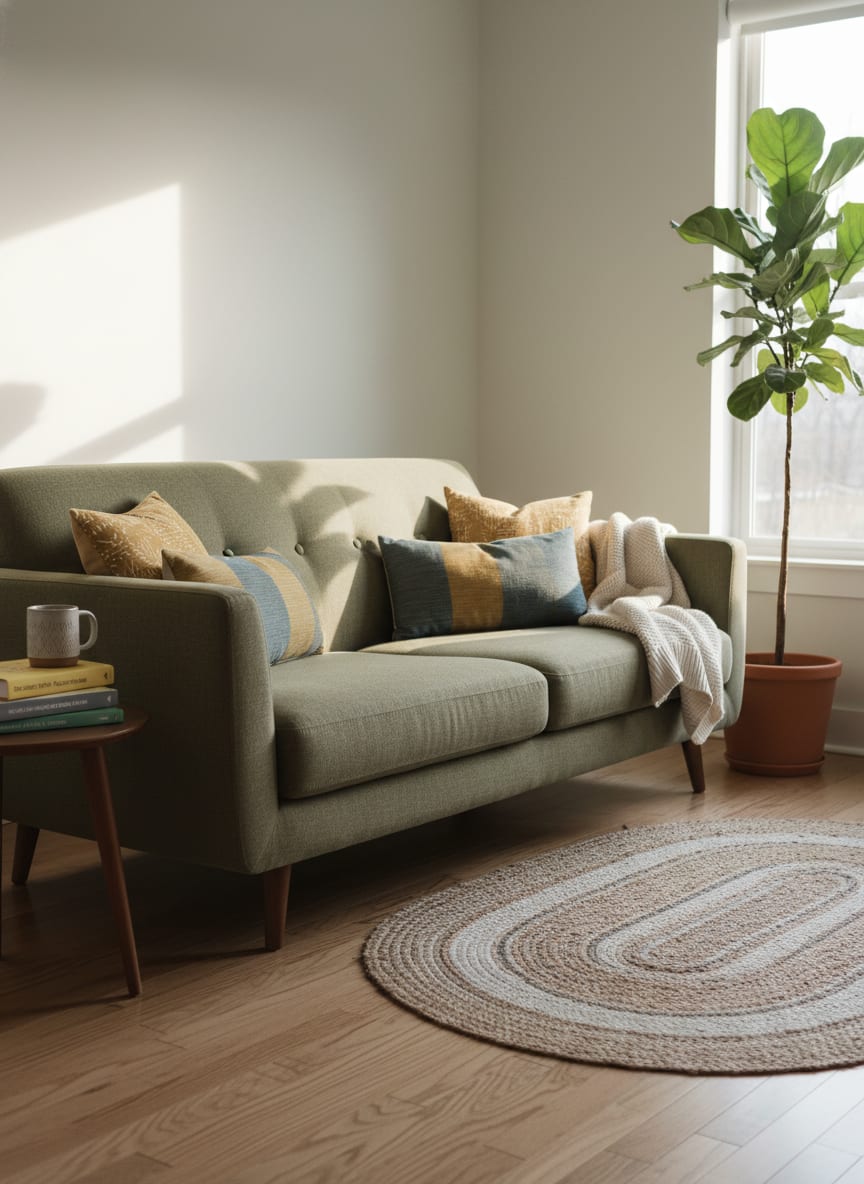 Olive-green linen sofa in a sunlit living room with a fiddle-leaf-fig plant.