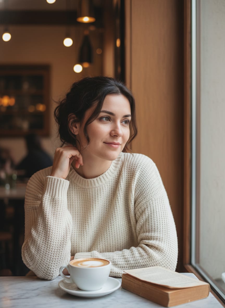 A candid cafe-window selfie of a woman in a cream sweater.