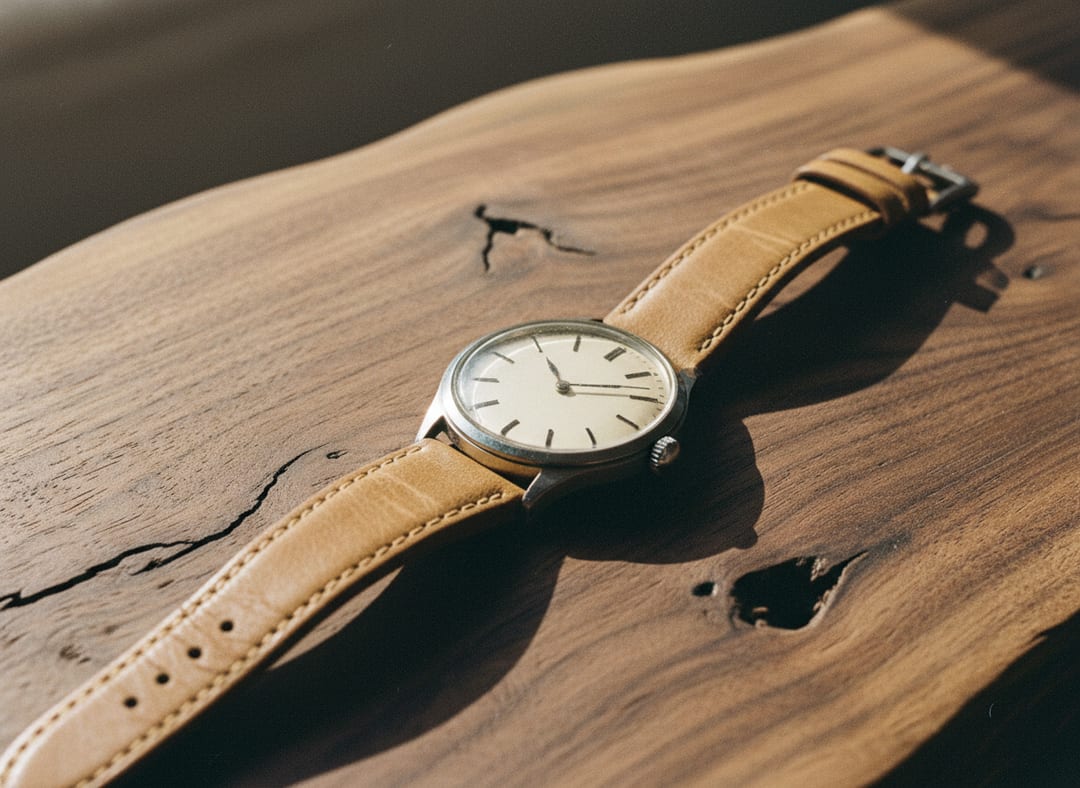 A vintage wristwatch on a piece of reclaimed walnut.