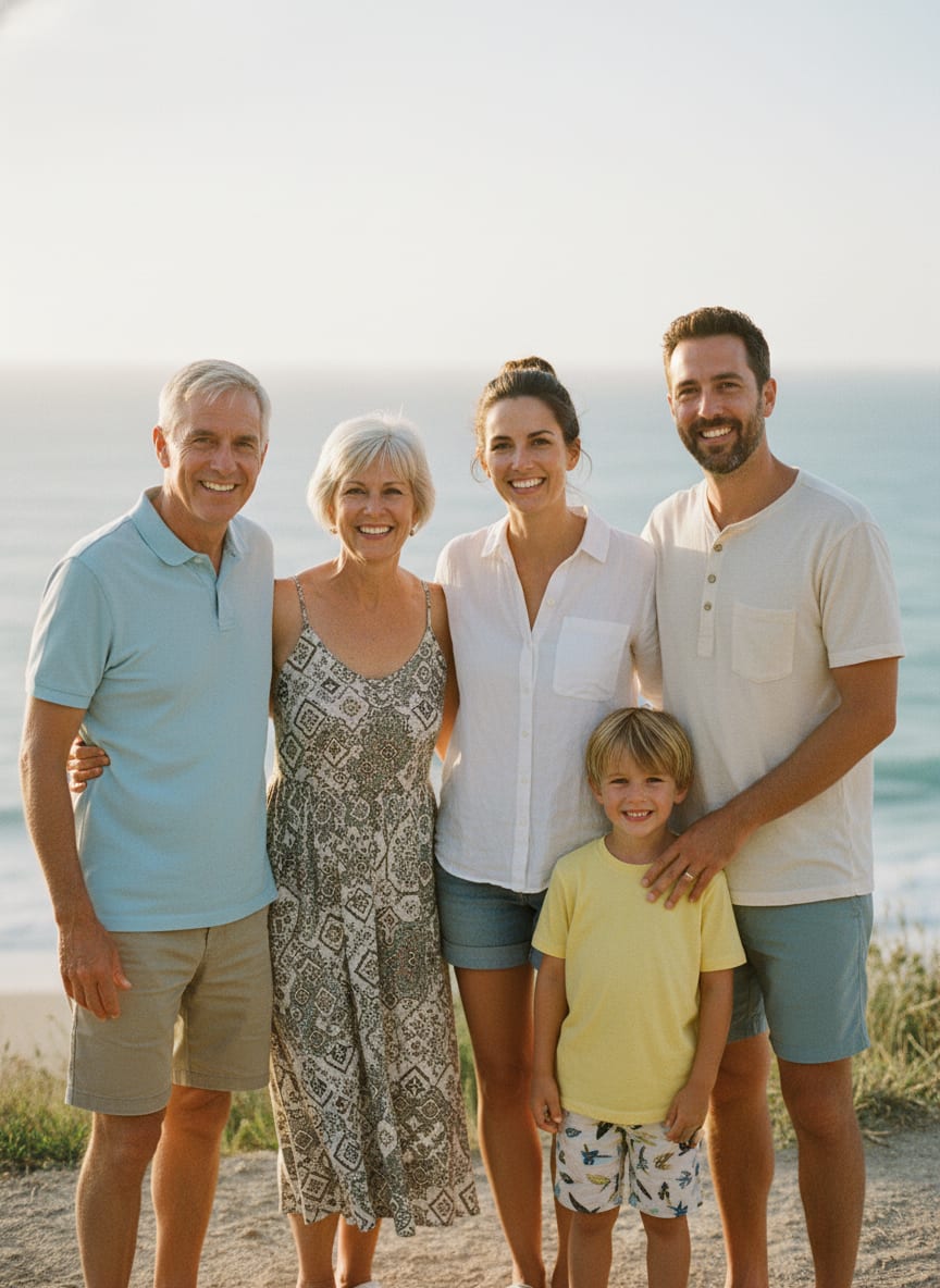Casual family group photo on a coastal path — the kind of image people text to relatives.