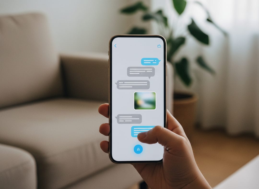 A pair of hands holding a smartphone with a photo attached in a generic messaging interface.