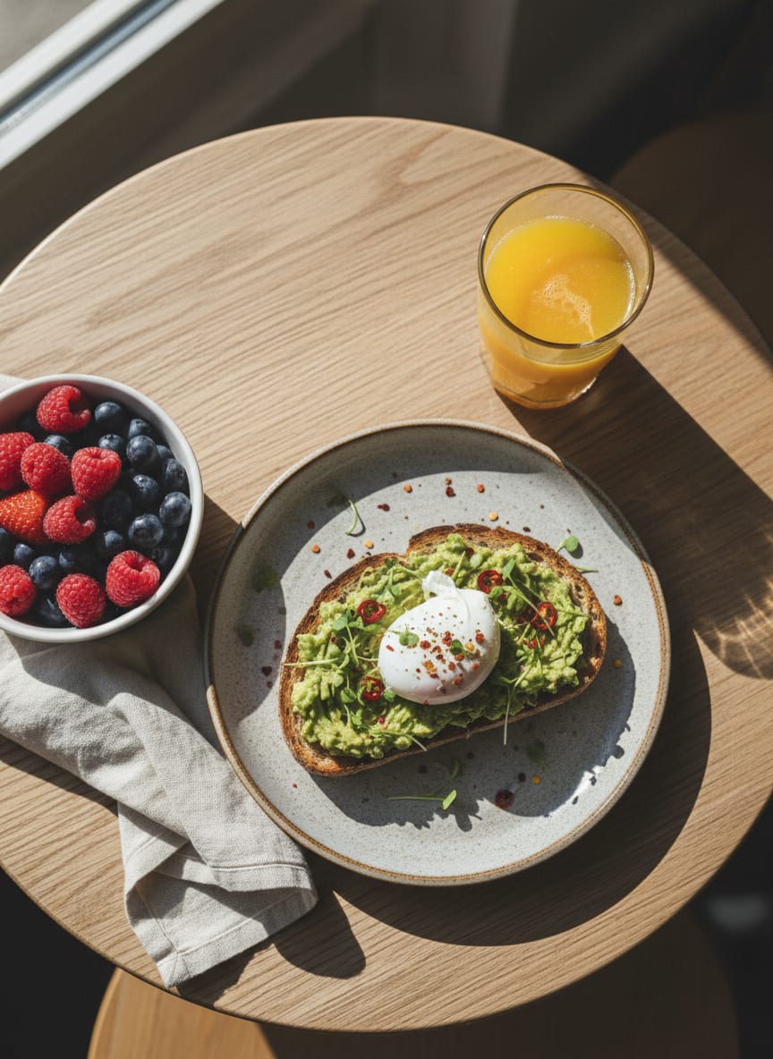 Overhead flat-lay of an avocado-toast brunch plate, orange juice, and berries on a small cafe table.