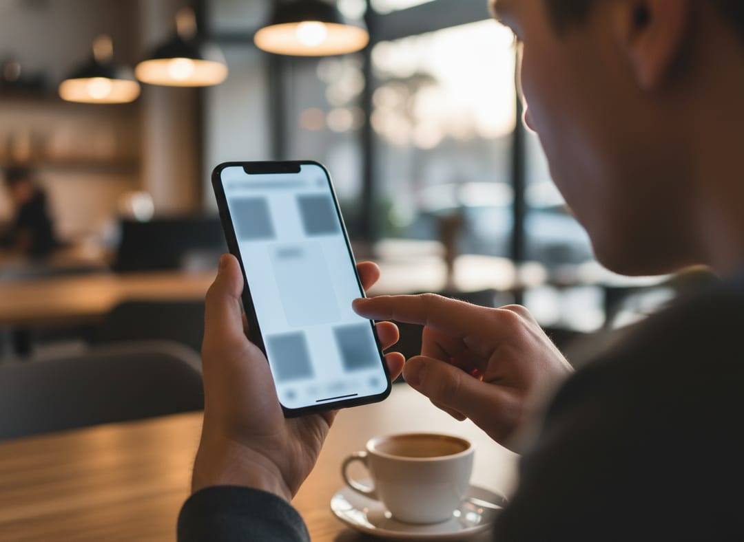Over-the-shoulder view of a hand holding a smartphone above a cafe table.
